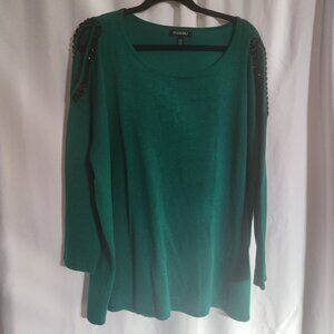 Roz & Ali Woman 2X Bright Kelly Green Cold Shoulder Black Beads Sweater Tunic